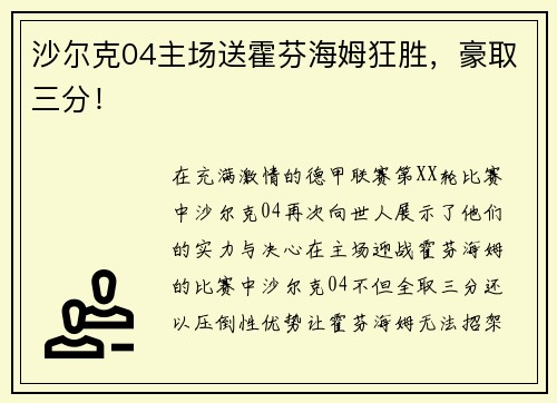 沙尔克04主场送霍芬海姆狂胜，豪取三分！